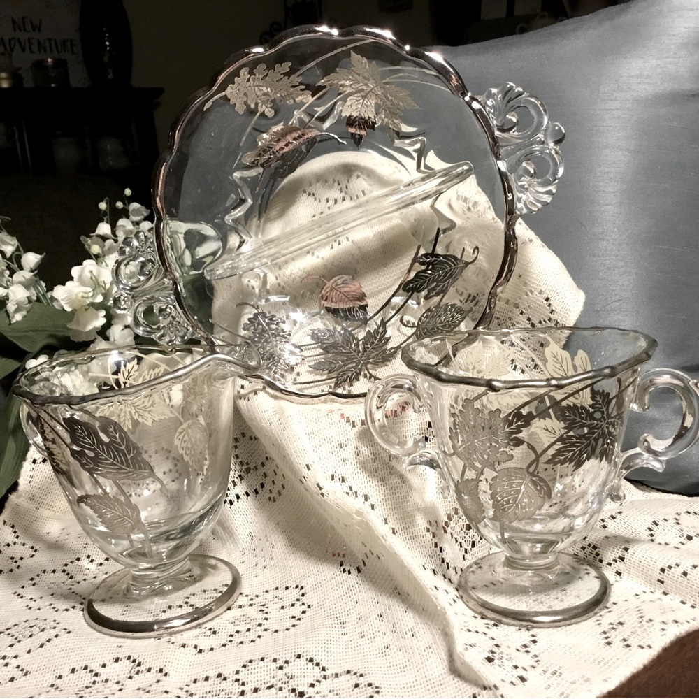 Vintage Sterling Silver Overlay "Leaf Pattern" Relish Dish, Creamer & Sugar Bowl